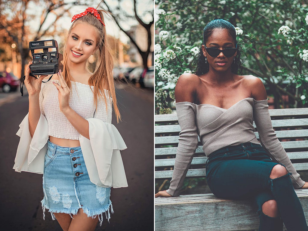 Blusas ombro a ombro Na esquerda a imagem apresenta uma jovem loira de olhos verdes, segurando uma máquina fotográfica da marca Panasonic, com blusa branca ombro a ombro e saia jeans clara. Na imagem a direita uma jovem negra com cabelos lisos presos, com uma blusa manga longa cinza ombro a ombro, com calça verde militar com rasgado nos joelhos.