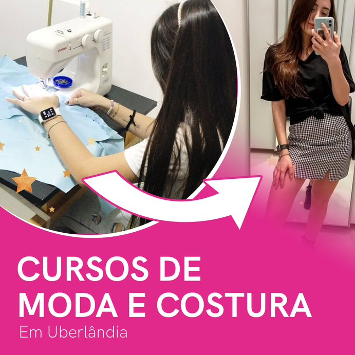 Cursos de moda e costura Mulher morena de cabelos pretos, sentado em frente a uma máquina de costura e costurando. Imagem mostrando ela mostrando o look que confeccionou.