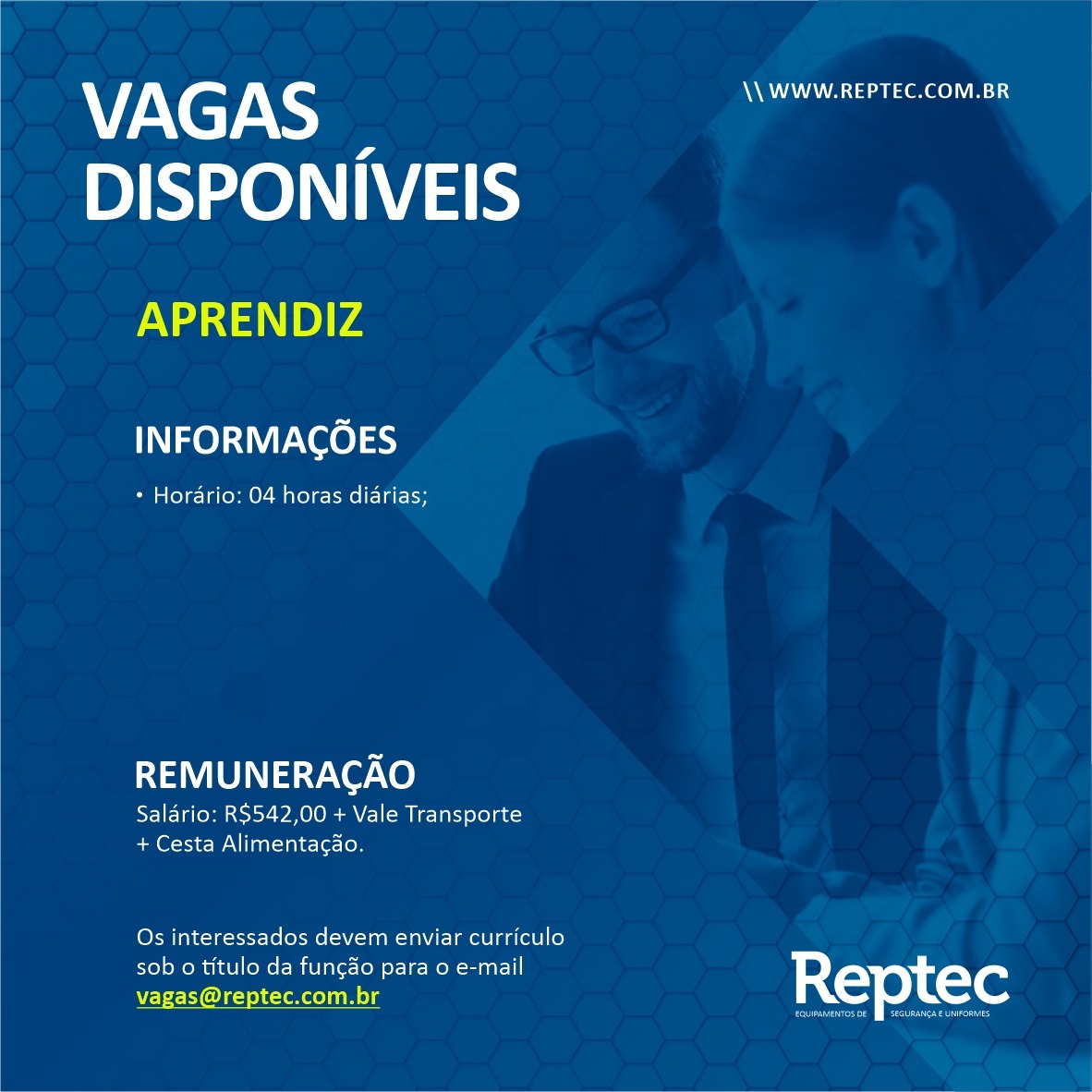 Vaga de Aprendiz Banner cor azul com letras em destaque nas cores branco e amarelo com a chamada de Vagas disponíveis para Aprendiz, com informações para contato.