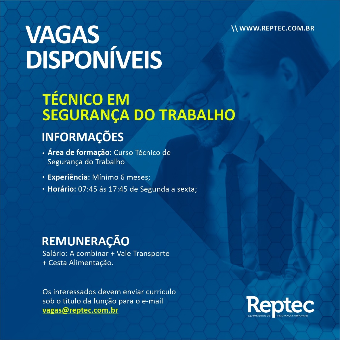 Vaga técnico de seguranã do trabalho Banner cor azul com letras em destaque nas cores branco e amarelo com a chamada de Vagas disponíveis Técnico em Segurança do Trabalho, com informações para contato.