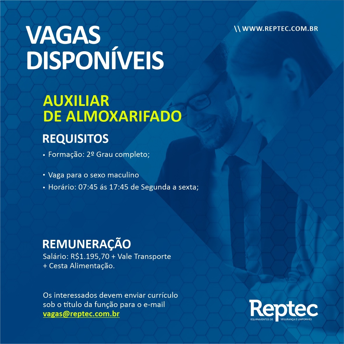 Vaga de Emprego para Auxiliar de Almoxarifado Reptec Banner na cor azul e letras nas cores branco e amarelo divulgando vagade emprego para auxiliar de almoxarifado com informações referente a requisitos para a vaga e remuneração e contato.
