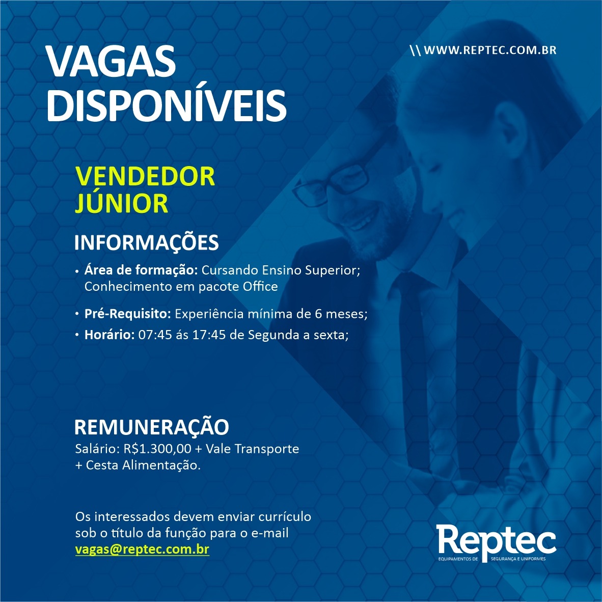 Vaga de Vendedor Junior Banner cor azul com letras em destaque nas cores branco e amarelo com a chamada de Vagas disponíveis Vendedor Junior, com informações para contato.