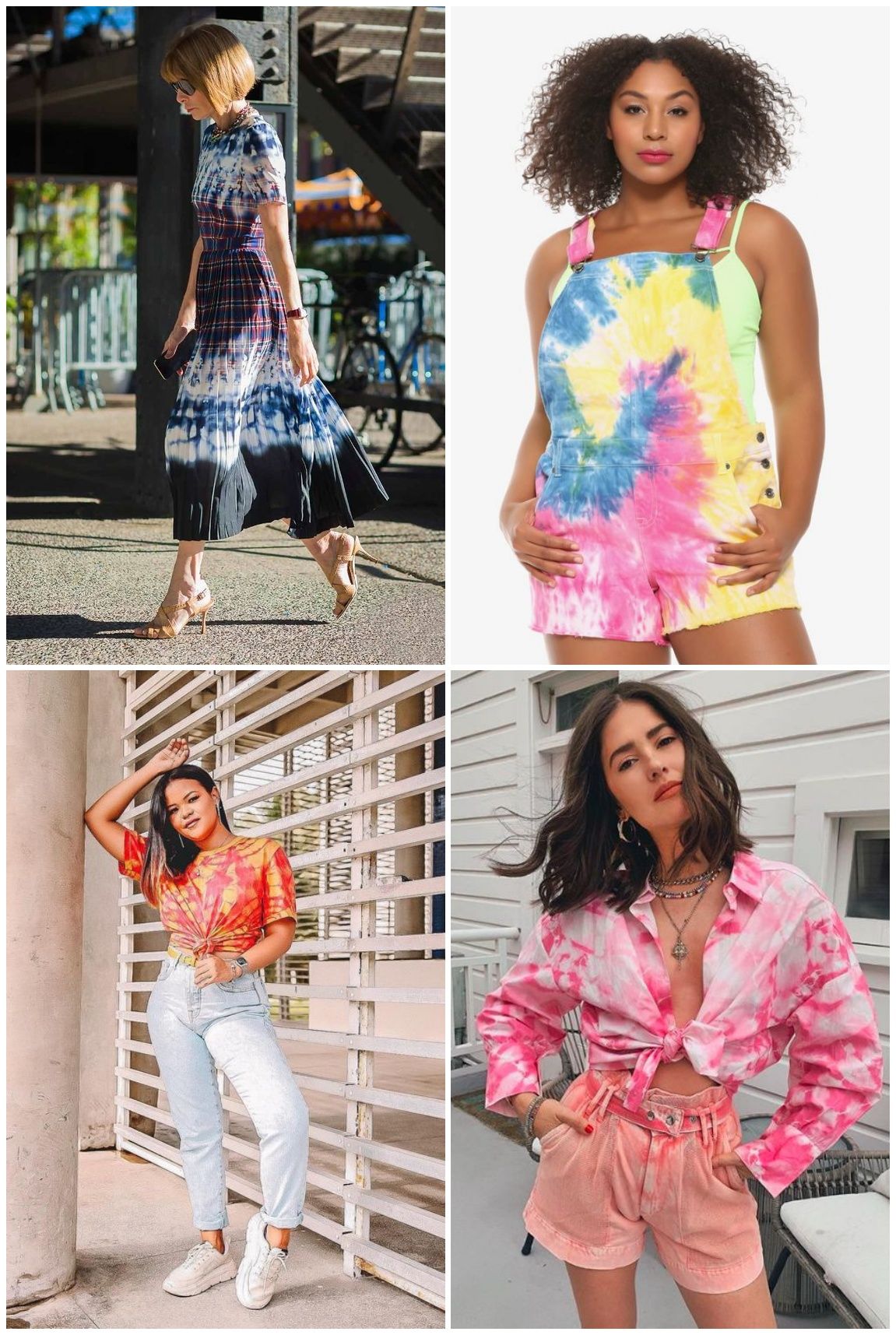 Tie Dye tendência de 2020 Na foto 4 imagens de mulheres usando looks de tie dye
