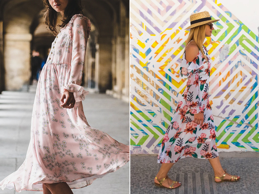 Vestido florais A imagem a esquerda mostra mulher com vestido clássico floral na rosa caro e, na imagem a direita mostra uma mulher loira, com chapéu panama havana, vestido floral com detalhes de rosas grandes.